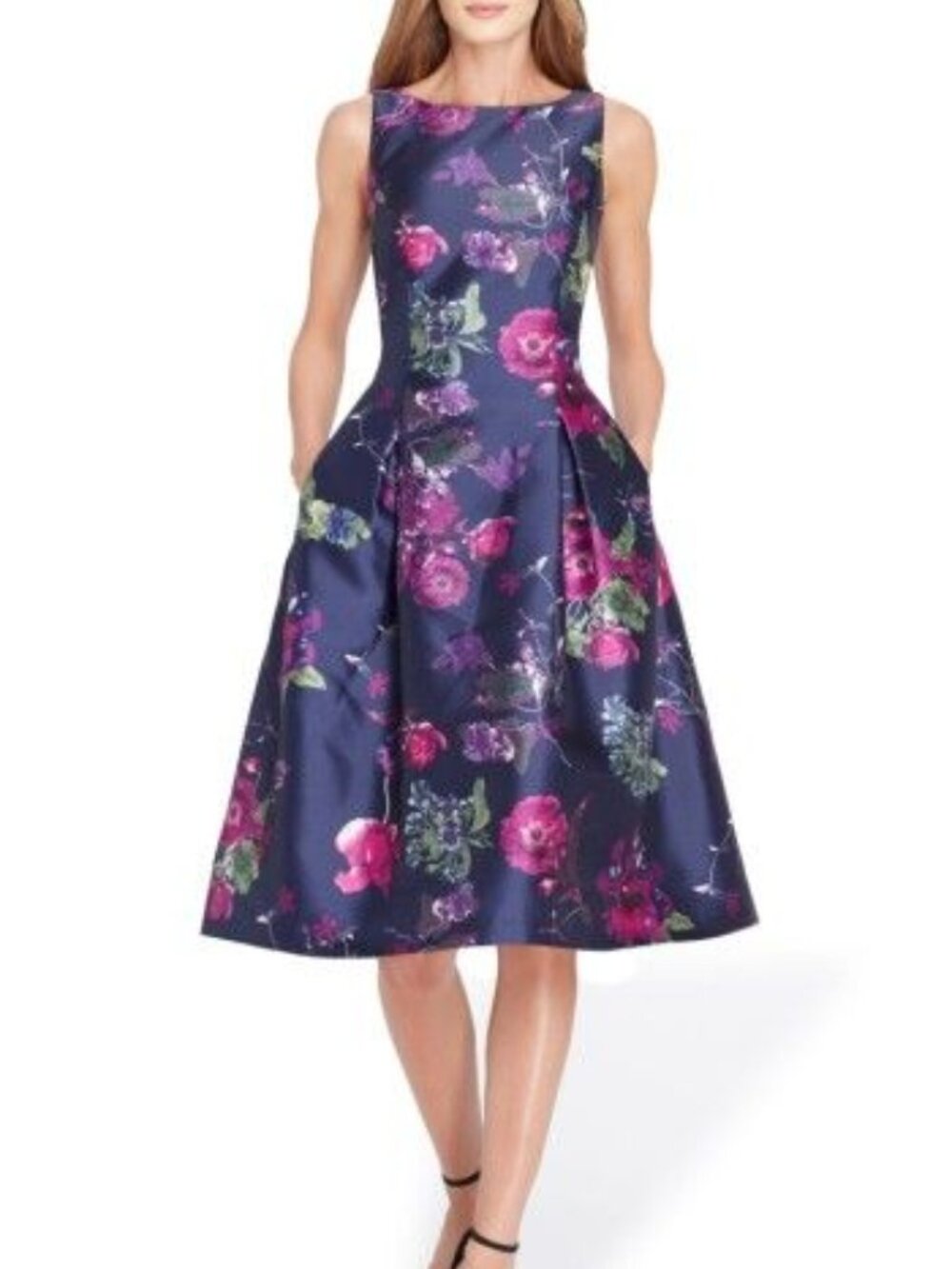 Tahari NEW Floral Jacquard Fit & Flare Cocktail Navy Purple Berry Pleat Dress 8